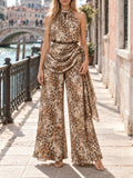 Leopard Print Two Piece Set for Women Halter Neck Sleeveless Keyhole Front Top Wide Leg Pants Draped Waist for Casual Daily