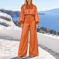 Satin Two Piece Set for Women Ruffle Mock Neck Long Lantern Sleeve Crop Top Pleated Wrap Wide Leg Pants for Vacation Daily