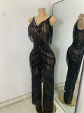 Sparkly Diamonds Sequins Fringes Luxury Jumpsuit Gold Sleeveless Mesh Performance Dance Costume Nightclub Singer Stage Rompers