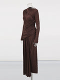 Elegant Slim Fit Folds Irregular Long Dress Fashion Women Long Sleeve Diagonal Collar Robes 2025 Chic Party Banquet Wear