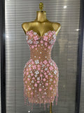 Shining Rhinestones Women Sexy Strapless Mesh See Through Florals Bodycon Mini Dress Performance Costumes Celebrate Stage Wear