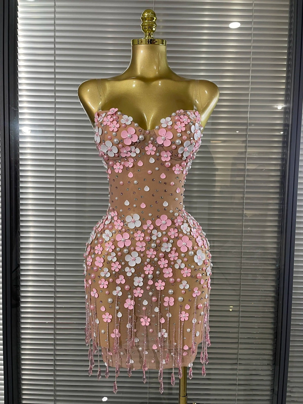 Shining Rhinestones Women Sexy Strapless Mesh See Through Florals Bodycon Mini Dress Performance Costumes Celebrate Stage Wear