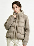 Women Cropped Puffer Jacket Stand Collar Cable Knit Sleeves Patchwork Zip Up Lightweight 2026 Lady Quilted Winter Warm Outerwear