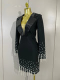 Women Celebrate Eveing Party Club Luxury Birthday Dress Elegant Black V Neck Pearls Beaded Long Sleeves Bodycon Bandage Dress