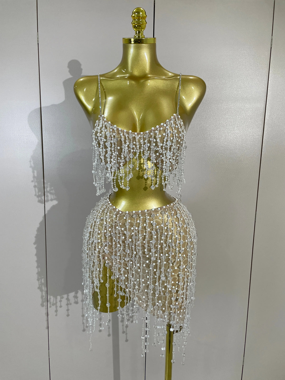 Women Evening Prom Birthday Celebrate Sexy Nightclub DJ Stage Costume Luxury Diamond Beading Mesh Strap Top Skirt Two Pieces Set