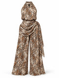 Leopard Print Two Piece Set for Women Halter Neck Sleeveless Keyhole Front Top Wide Leg Pants Draped Waist for Casual Daily