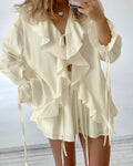 New Casual Shorts Two-piece Set Women's Ruffled Loose Tie Top Simple Shorts Set Office Lady Summer Female Shorts Set