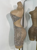 Sparkly Silver Rhinestones Mini Dress Luxury Women Sexy Mesh Hollow Out Celebrity Birthday Cocktail Dresses Performance Wear