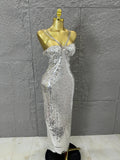 Classic Gold Sequin Mermaid Dress Rhinestone Chain Shoulder Straps Sweetheart Neck Formal Evening Gala Photoshoot Cocktail Party