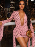 Summer Polka Dot Print Dress Woman Sexy Swing Collar Backless Batwing Sleeve Tassel Clubwear Party Midnight Bodycon