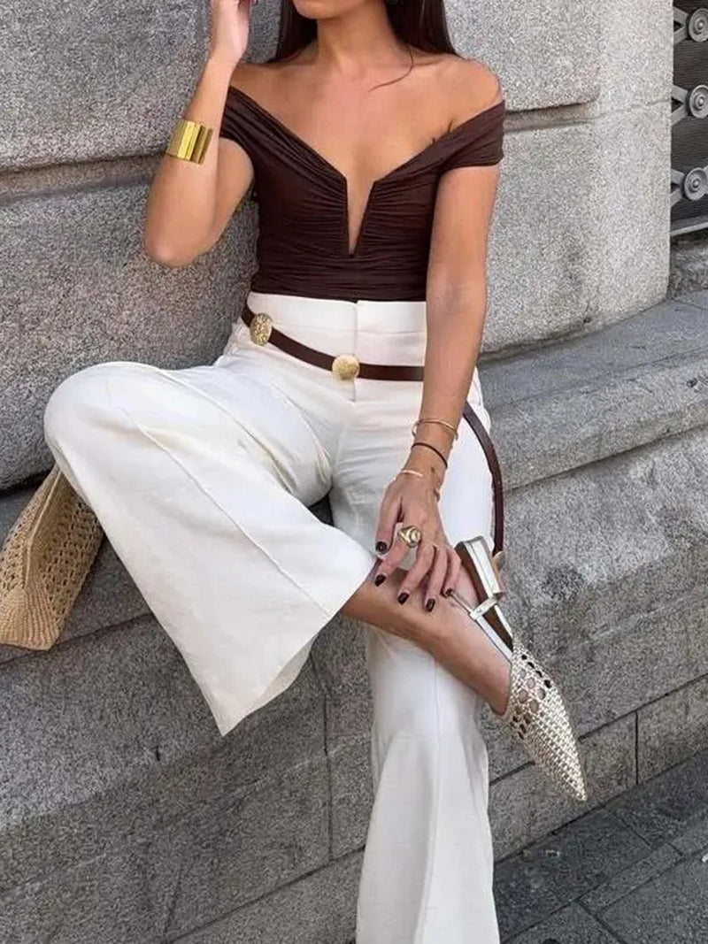 Solid Patchwork Folds Bodysuit for Women V Neck Off The Shoulder Slimming High Waist Sexy Backless Playsuit Female