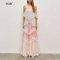 Gradient Color Runway Spaghetti Strap Maxi Dress for Women Strapless Spliced Ruffles Sweet Lace Edge Cake Dresses Female New