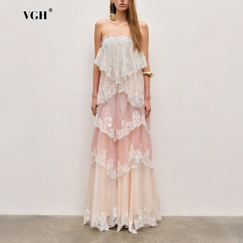 Gradient Color Runway Spaghetti Strap Maxi Dress for Women Strapless Spliced Ruffles Sweet Lace Edge Cake Dresses Female New