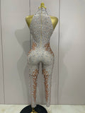 Luxury Stage Outfit Women Celebrate Evening Birthday Party Nightclub Dance Sexy Sparkly Rhinestones Sleeveless Sheath Jumpsuit