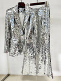 Fashion 2026 Designer Suit Set Women'S Sequin Glitter Blazer Flare Pants Suit Two Piece Set Elegant Silver Outfit