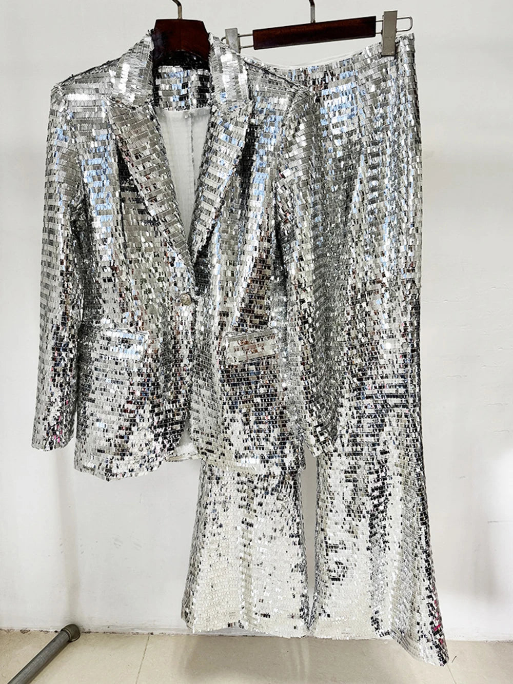 Fashion 2026 Designer Suit Set Women'S Sequin Glitter Blazer Flare Pants Suit Two Piece Set Elegant Silver Outfit