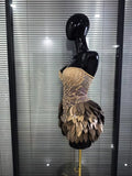 Women Sexy Strapless Sparkly Rhinestone Sequins Mesh See Through Mini Dress Eveing Party Birthday Nightclub Singer Stage Costume