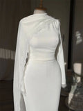 Asymmetric Cape Lace Trimmed Mermaid Maxi Dress High Neck Long Sleeve Civil Wedding Sleek Crepe Formal Evening Gown 2026