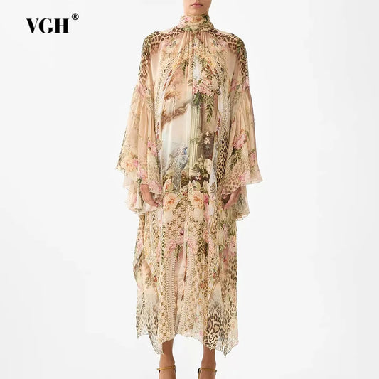 Vintage Colorblcok Printed Loose Long Dress for Women Turtleneck Flare Sleeve Loose Waist Irregular Hem Midi Dresses Female