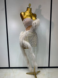 Women Sparkly Rhinestone Tassel Off The Shoulder Mesh See Through Long Dress Sexy Eveing Party Birthday Nightclub Stage Costume