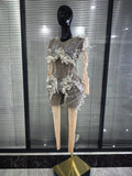 Sparkly Silver Diamond 3D Butterfly Sheer See Through Bodycon Jumpsuit Eveing Party Birthday Bar Nightclub Sexy Stage Costumes