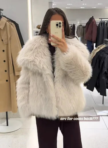 Fashion Women Solid Lapel Faux Fur Coat Long Sleeve Fluffy Loose Short Cardigan Jacket Winter Lady Thicken Warm Outwear
