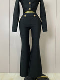Golden Buttons Short Coat Top And Flare Pants  Bandage 2 Pieces Set Woman Celebrity Evening Party Vestidos
