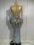 Luxury Silver Sparkly Diamonds Sequins Birthday Evening Party Nightclub Stage Wear Sexy Mesh See Through Long Sleeves Long Dress