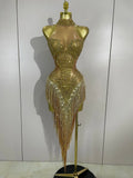 Women Sparkly Diamonds Pearls Tassel Sexy Mesh Stretch Dress Latin Dance Luxury Birthday Outfits Nightclub Party Stage Costume
