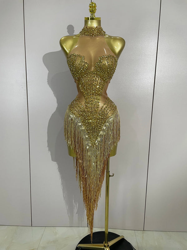 Women Sparkly Diamonds Pearls Tassel Sexy Mesh Stretch Dress Latin Dance Luxury Birthday Outfits Nightclub Party Stage Costume