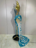 Luxury Sparkly Diamonds Pearls Strapless Mesh Maxi Dress Elegant Eveing Birthday Party Sexy Nightclub Performance Stage Costume