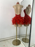 Sexy Halter Beading Feather Mini Dress For Women Backless Luxury Birthday Celebrity Evening Gowns Performance Wear