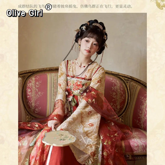 Olive Girl Red Embroidered Hanfu Dress for Ren Faire 2026 Garden Wedding Fairycore Photoshoot S-XL XS-3XL Plus Size Embroidered Flowing Sleeve Dramatic Silhouette Romantic Garden Party Editorial Not Costume Chinese Heritage Fashion Women