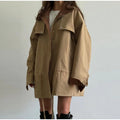 Retro Drew-string Jackets Women's Loose Full Sleeves Buttons Zipper Pockets Lapel Coats 2026 New Ladies Autumn Solid Outwear