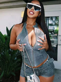 Distressed Style Denim 2 Piece Set Women Zipper Cardigan Sleeveless Crop Top+Skinny Shorts Hottie Street Hipster Suit