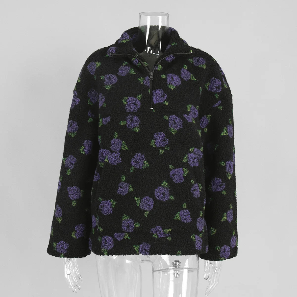 Fashion Floral Faux Lambswool Sweatshirt Women's Casual Zipper Pocket Loose Pullover Sweatshirt Autumn Festive Clothing