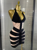 Women Sexy Halter Off the Shoulder Patchwork Bodycon Mini Bandage Dress Nightclub Party Celebrate Evening Cocktail Outfit