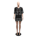 Women Diamonds V-neck Short Sleeve Mesh See Through Tee Tops 2025 Summer Fashion Streetwear Acitve Classic T-shirts