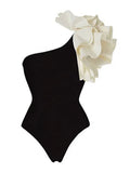Colorblock Sexy Bodysuits For Women Diagonal Collar One Shoulder Sleeve High Waist Slimming Bodysuit Female Fashion Style