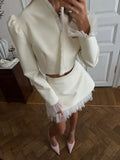 White Ruffle Stand Collar Peplum Skirt Set Romantic High Neck Long Sleeve Slim Co-ord 2026 Spring Wedding Dating Party Outfit