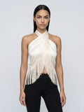 Beige Satin Halter Neck Top Chic Tassel Fringe Detail Sleeveless Cross Front Cropped Vest 2026 Women Summer Daily Street Wear