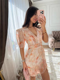Elegant Floral Print Mini Dress Women Fashion V-neck Half Sleeve High Waist Ruffle Slim Dresses Summer Lady Vacation Robe 2026