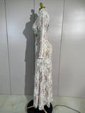 Women Long Sleeve Evening Party Club Bar Birthday Celebrity Gowns Sexy White Lace High Neck Hollow Out Design Bodycon Long Dress