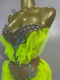 Sexy Sparkly Diamonds Strapless Mesh Ruffled See Through Mini Dress Women Eveing Party Birthday Nightclub Bar Stage Show Costume