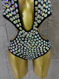Gold Luxurious Black Bodysuit Women Sexy Halter Neck Iridescent Crystal Embellished Cutout Outfit Stage Performance Costume