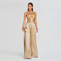 Women's Halter Crisscross Cutout Front Pleated Metallic Maxi Dress Slim Waist Backless New Wide Flare Skirts Floor Length Party