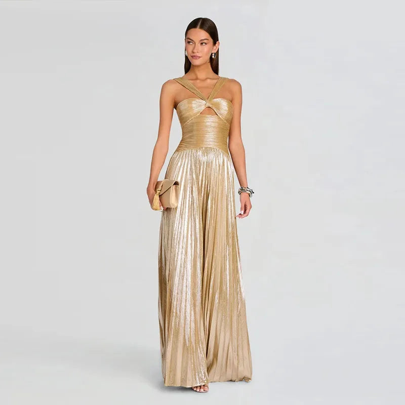 Women's Halter Crisscross Cutout Front Pleated Metallic Maxi Dress Slim Waist Backless New Wide Flare Skirts Floor Length Party