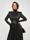 Solid Spliced Belt Slim Pleated Dresses For Women Turtleneck Long Sleeve High Waist Temperament Long Dress Female Clothes
