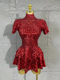 Lady Fish scales shell sequins Scale Sequin Bodysuit HighNeck Short Sleeve Ruffle Skirt Costume For Women Nightclub Stage Wear