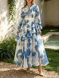 French Vacation Style Floral Print Dress for Women Tie Neck Waist Belt Asymmetrical Ruffle Hem Skirt for Outdoor Photoshoot